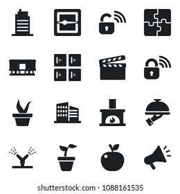 Set of vector isolated black icon - checkroom vector, seedling, railroad, clapboard, scanner, application, office building, fireplace, city house, waiter, apple fruit, wireless lock, irrigation