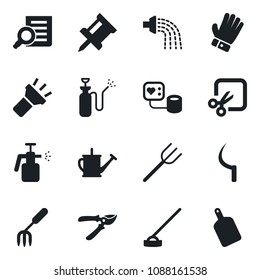 Set of vector isolated black icon - document search vector, garden fork, farm, watering can, pruner, glove, hoe, sickle, sprayer, blood pressure, torch, cut, drawing pin, cutting board