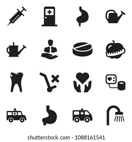 Set of vector isolated black icon - medical room vector, watering can, syringe, blood pressure, pills, ambulance car, heart hand, stomach, caries, diet, client, no trolley, bathroom