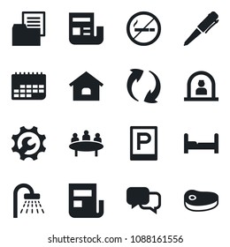 Set of vector isolated black icon - parking vector, no smoking, reception, shower, pen, meeting, term, folder document, dialog, update, root setup, news, house, bedroom, steak