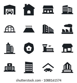 Set of vector isolated black icon - airport building vector, factory, house, greenhouse, hospital, garage, office, city, estate insurance, cafe, warm floor, storefront
