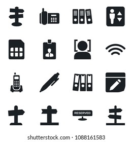 Set of vector isolated black icon - elevator vector, identity card, pen, signpost, office phone, sim, notes, wireless, face id, paper binder, reserved, guidepost