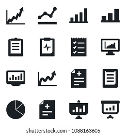 Set of vector isolated black icon - diagnosis vector, pulse clipboard, monitor statistics, bar graph, pie, checklist, point, growth, presentation