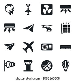 Set of vector isolated black icon - airport tower vector, plane radar, wind, helicopter, seat map, globe, air conditioner, fan, paper, balloon