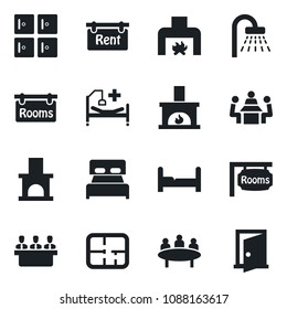 Set of vector isolated black icon - shower vector, checkroom, meeting, fireplace, hospital bed, plan, rent, rooms, bedroom, door