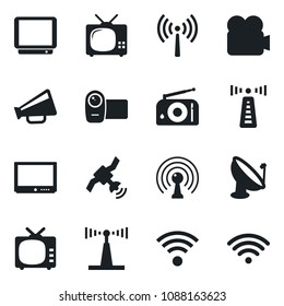 Set of vector isolated black icon - antenna vector, satellite, radio, loudspeaker, tv, video camera, wireless