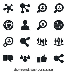 Set of vector isolated black icon - team vector, share, group, finger up, down, user, network, company, client search, consumer, social media