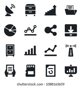 Set of vector isolated black icon - antenna vector, growth statistic, document, reload, satellite, sd, download, bar graph, pie, folder, point, archive box, social media, presentation