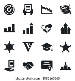 Set of vector isolated black icon - growth statistic vector, graduate, document, cash, bar graph, police, target, arrow up, handshake, pennon, crisis, certificate, pedestal