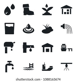 Set of vector isolated black icon - watering vector, boot, pond, drip irrigation, sea shipping, port, warehouse, pool, water supply, drink, sprinkler