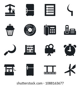 Set of vector isolated black icon - alarm clock vector, abacus, well, sickle, film frame, vinyl, video camera, office phone, outdoor lamp, fridge, windmill