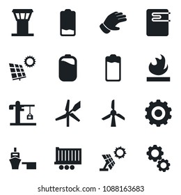 Set of vector isolated black icon - airport tower vector, gear, glove, truck trailer, sea port, flammable, battery, low, sun panel, crane, water heater, windmill
