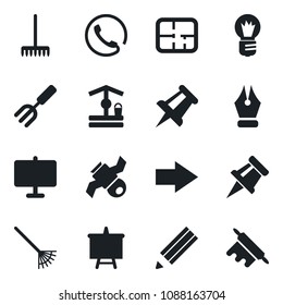Set of vector isolated black icon - right arrow vector, presentation board, drawing pin, bulb, garden fork, rake, well, satellite, ink pen, pencil, plan, phone, rolling