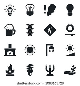 Set of vector isolated black icon - sun vector, bulb, fire, traffic light, brightness, fireplace, beer, candle, smoke detector, energy saving, outdoor lamp, idea, palm sproute