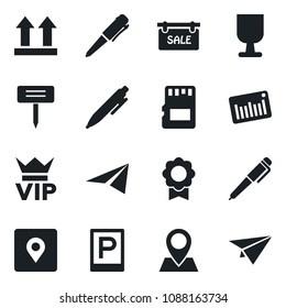 Set of vector isolated black icon - parking vector, vip, pen, plant label, pin, fragile, up side sign, barcode, sd, place tag, sertificate, sale, paper plane