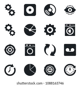 Set of vector isolated black icon - gear vector, circle chart, stamp, rec button, update, record, eye id, pie graph, target, washer, clock