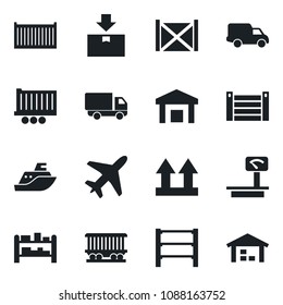 Set of vector isolated black icon - plane vector, railroad, sea shipping, truck trailer, cargo container, car delivery, up side sign, warehouse, package, heavy scales, rack