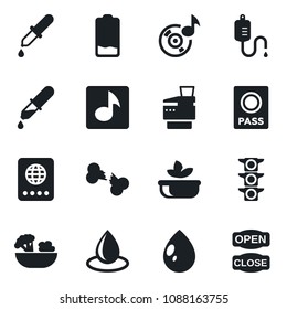 Set of vector isolated black icon - passport vector, water drop, dropper, broken bone, traffic light, low battery, music, copier, salad, open close