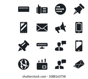 Set of vector isolated black icon - mobile phone vector, speaking man, mail, office, loudspeaker, network, cell, speaker, paper pin, reserved