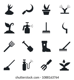 Set of vector isolated black icon - job vector, garden fork, farm, rake, seedling, sproute, boot, hoe, sickle, sprayer, irrigation