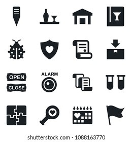 Set of vector isolated black icon - contract vector, lady bug, plant label, blood test vial, heart diagnostic, shield, medical calendar, warehouse, package, application, alcohol, wine card, flag