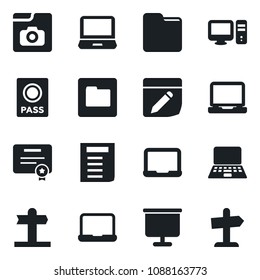 Set of vector isolated black icon - passport vector, notebook pc, document, signpost, laptop, folder, notes, photo gallery, presentation board, certificate, guidepost