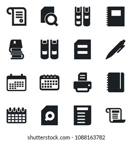 Set of vector isolated black icon - book vector, pen, notepad, document, calendar, printer, copybook, search, contract