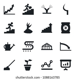 Set of vector isolated black icon - growth statistic vector, seedling, watering can, sproute, hoe, sickle, greenhouse, fertilizer, drip irrigation, point graph, career ladder, crisis, presentation