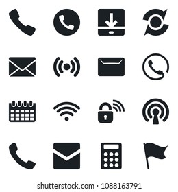 Set of vector isolated black icon - phone vector, mail, calendar, call, download, update, calculator, wireless, lock, flag