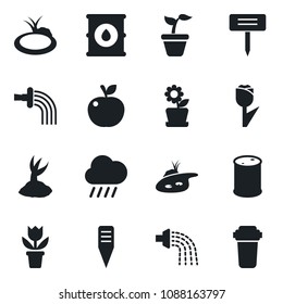 Set of vector isolated black icon - flower in pot vector, seedling, watering, sproute, rain, plant label, pond, tulip, oil barrel, apple fruit, water filter