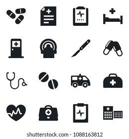 Set of vector isolated black icon - medical room vector, heart pulse, doctor case, diagnosis, stethoscope, pills, scalpel, tomography, ambulance car, hospital bed, clipboard