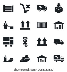 Set of vector isolated black icon - sea shipping vector, cargo container, car delivery, port, consolidated, up side sign, no trolley, hook, warehouse, package, moving