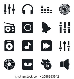 Set of vector isolated black icon - vinyl vector, flame disk, radio, settings, equalizer, headphones, speaker, fast forward, tuning, bell, record, music, sound