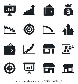 Set of vector isolated black icon - shop vector, growth statistic, money bag, hr, target, arrow up graph, wallet, crisis, presentation, storefront