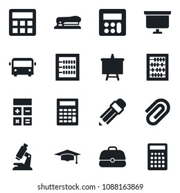 Set of vector isolated black icon - airport bus vector, calculator, graduate, abacus, presentation board, microscope, paper clip, pencil, stapler, case
