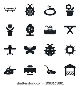 Set of vector isolated black icon - flower in pot vector, lawn mower, butterfly, lady bug, sun, pond, picnic table, pool, fruit tree, restaurant, alcove