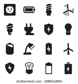 Set of vector isolated black icon - bulb vector, battery, protect, charge, desk lamp, windmill, socket, power plug, energy saving