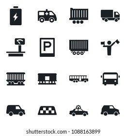Set of vector isolated black icon - dispatcher vector, taxi, airport bus, parking, alarm car, ambulance, railroad, truck trailer, delivery, heavy scales, battery