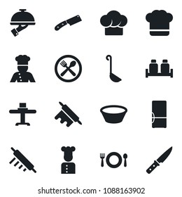 Set of vector isolated black icon - fridge vector, cook, restaurant table, cafe, hat, waiter, salt and pepper, ladle, bowl, rolling pin, knife