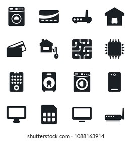 Set of vector isolated black icon - washer vector, monitor, speaker, phone back, sim, smart home, credit card, control, chip, remote, router