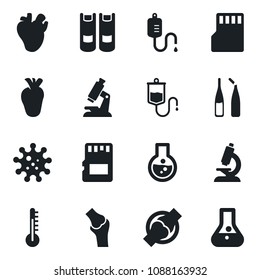 Set of vector isolated black icon - book vector, dropper, microscope, ampoule, real heart, joint, virus, sd, thermometer, flask