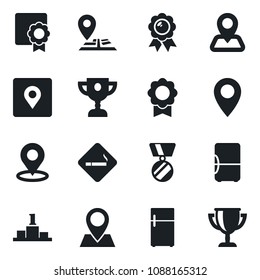 Set of vector isolated black icon - smoking place vector, medal, navigation, pin, tag, sertificate, fridge, pedestal, award cup