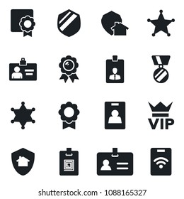 Set of vector isolated black icon - vip vector, identity, card, medal, shield, sertificate, home protect, police, pass
