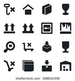 Set of vector isolated black icon - fragile vector, warehouse storage, up side sign, no trolley, hook, package, search cargo, scanner, blank box
