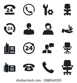 Set of vector isolated black icon - 24 around vector, office chair, phone, hours, support, speaker, radio, call, root setup, palm sproute