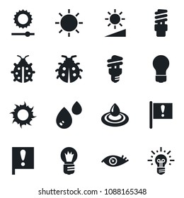 Set of vector isolated black icon - bulb vector, lady bug, sun, eye, important flag, brightness, water, energy saving, idea
