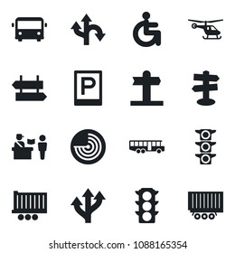 Set of vector isolated black icon - airport bus vector, parking, passport control, signpost, radar, helicopter, disabled, route, traffic light, truck trailer