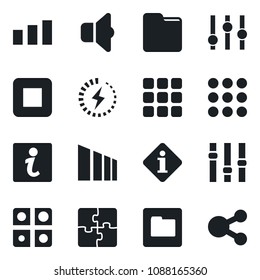 Set of vector isolated black icon - sorting vector, settings, stop button, menu, folder, charge, application, sound, information, social media