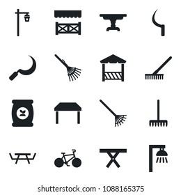 Set of vector isolated black icon - rake vector, sickle, garden light, picnic table, fertilizer, bike, alcove, outdoor lamp