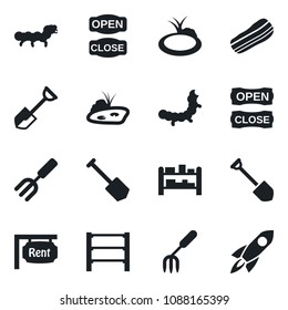 Set of vector isolated black icon - job vector, garden fork, shovel, caterpillar, pond, rack, rent, bacon, open close, rocket